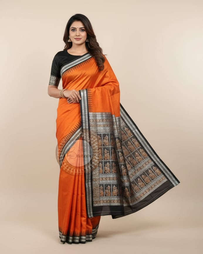 Orange Black Buti Bomkai Silk Saree