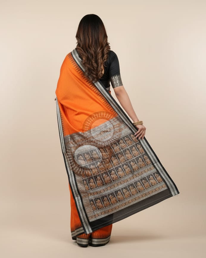 Orange Black Buti Bomkai Silk Saree