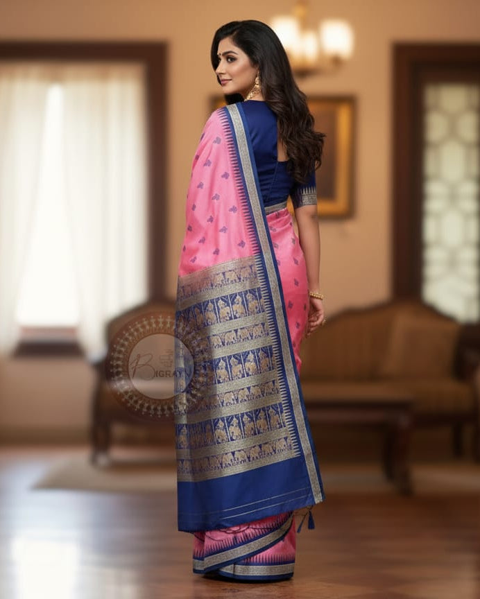 Pink Blue Dual Elephant Head Odisha Handloom Bomkai Silk Saree