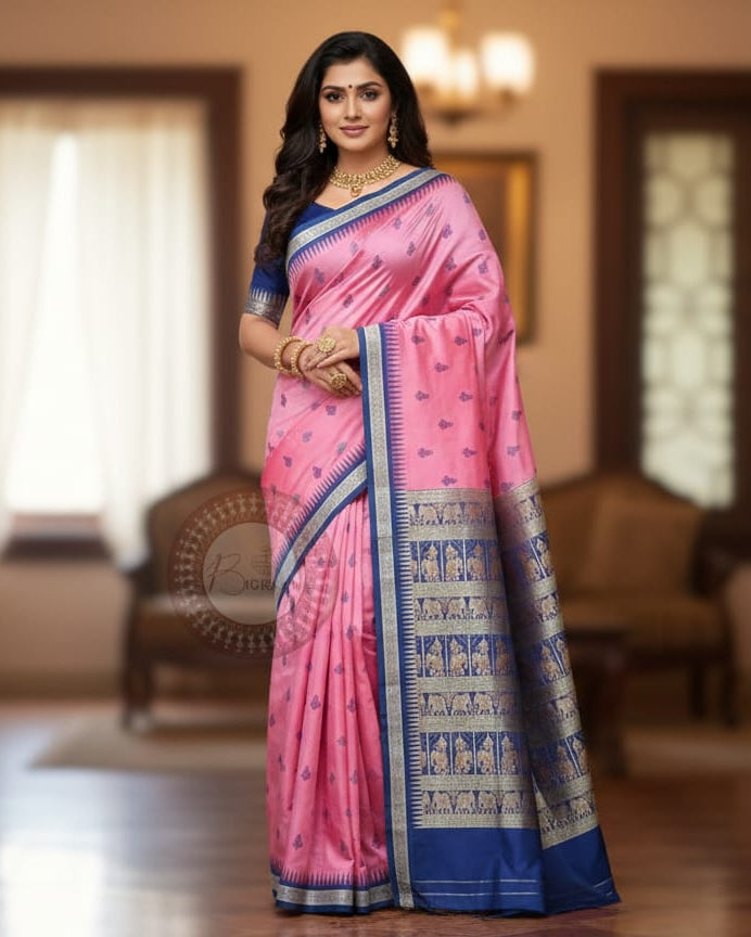 Pink Blue Dual Elephant Head Odisha Handloom Bomkai Silk Saree