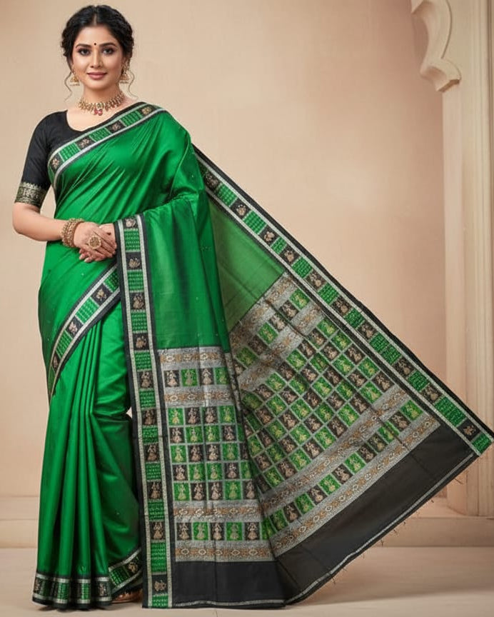 Green Black Doll Border And Doll Anchal Bomkai Silk Saree