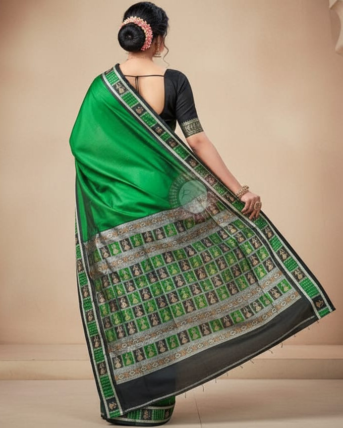 Green Black Doll Border And Doll Anchal Bomkai Silk Saree