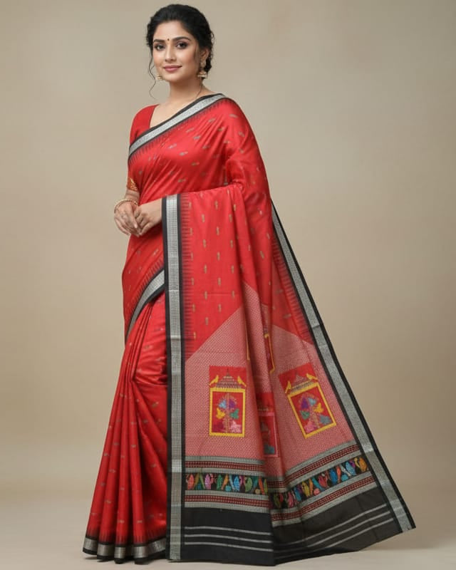 Red Black Panjuri Bomkai Silk Saree