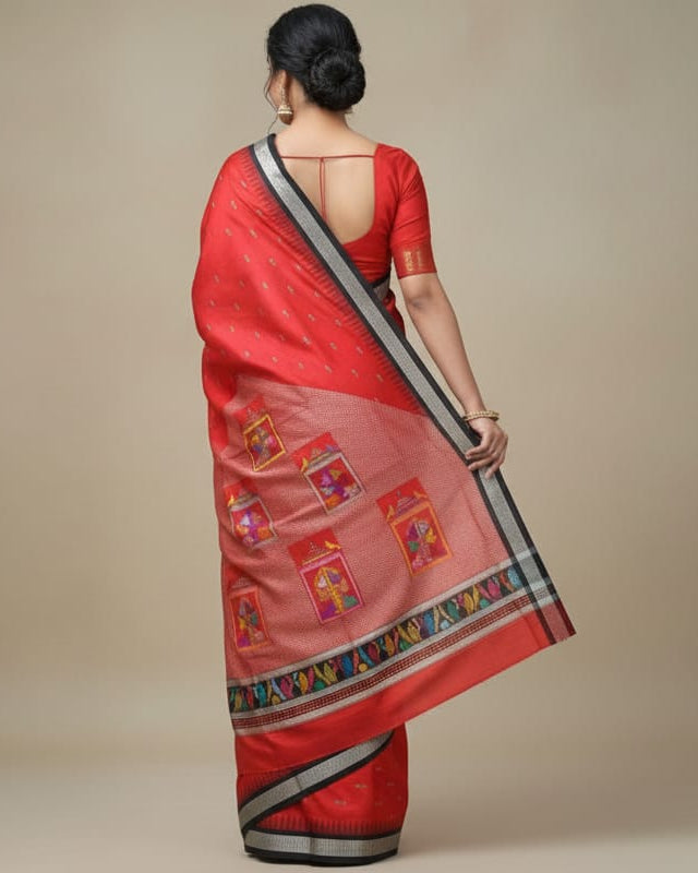 Red Black Panjuri Bomkai Silk Saree