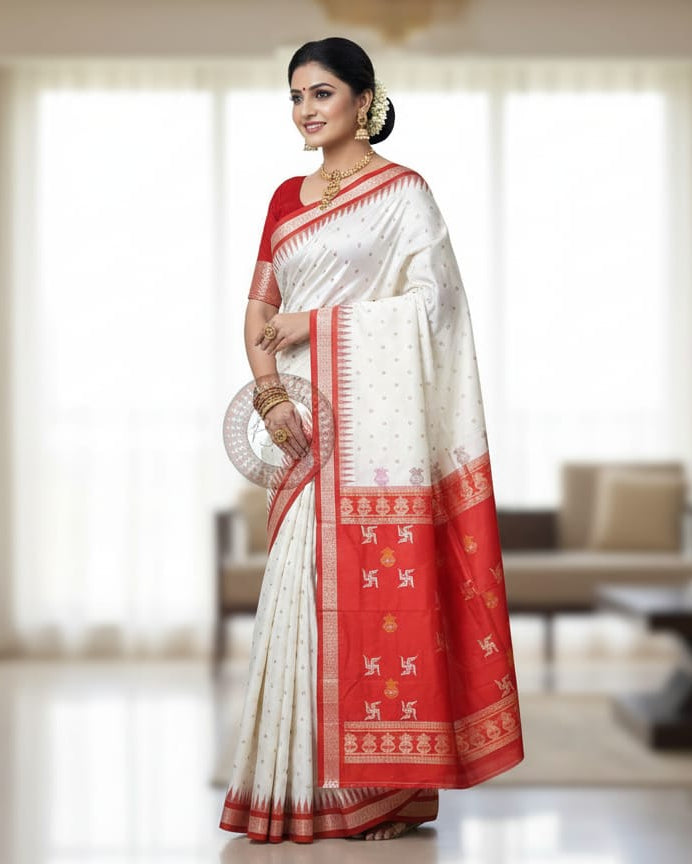 White Red Swastik Kalash Silk Saree