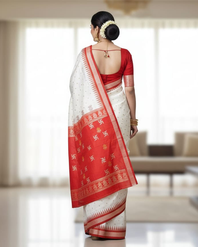 White Red Swastik Kalash Silk Saree