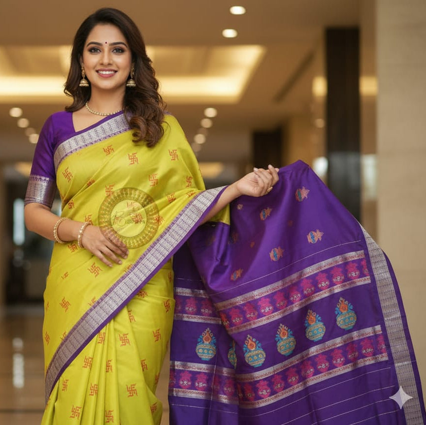 Lemon Yellow Purple Swastik Kalash Silk Saree