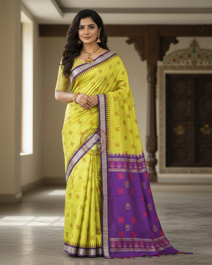 Lemon Yellow Purple Swastik Kalash Silk Saree
