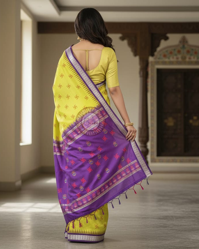 Lemon Yellow Purple Swastik Kalash Silk Saree