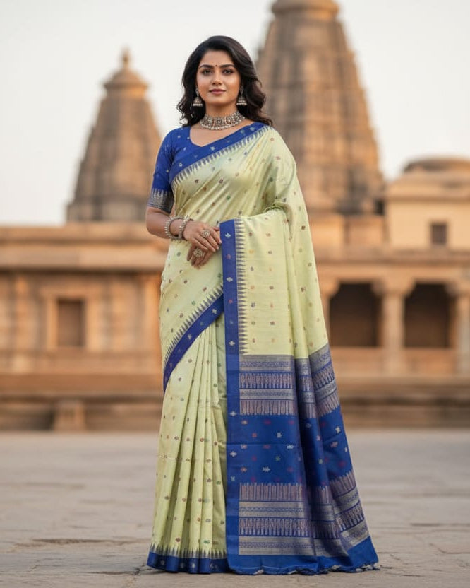"Pista Blue Matsya Kachhap Bomkai Silk Saree: Timeless Elegance and Vibrant Hues"