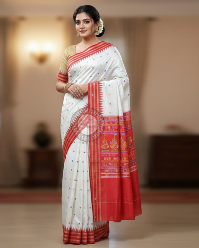 White Red Neela Chakra Sambalpuri Silk Saree