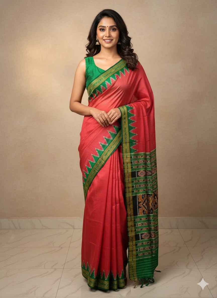 Red Green Buti Kumbha Khandua Silk Saree