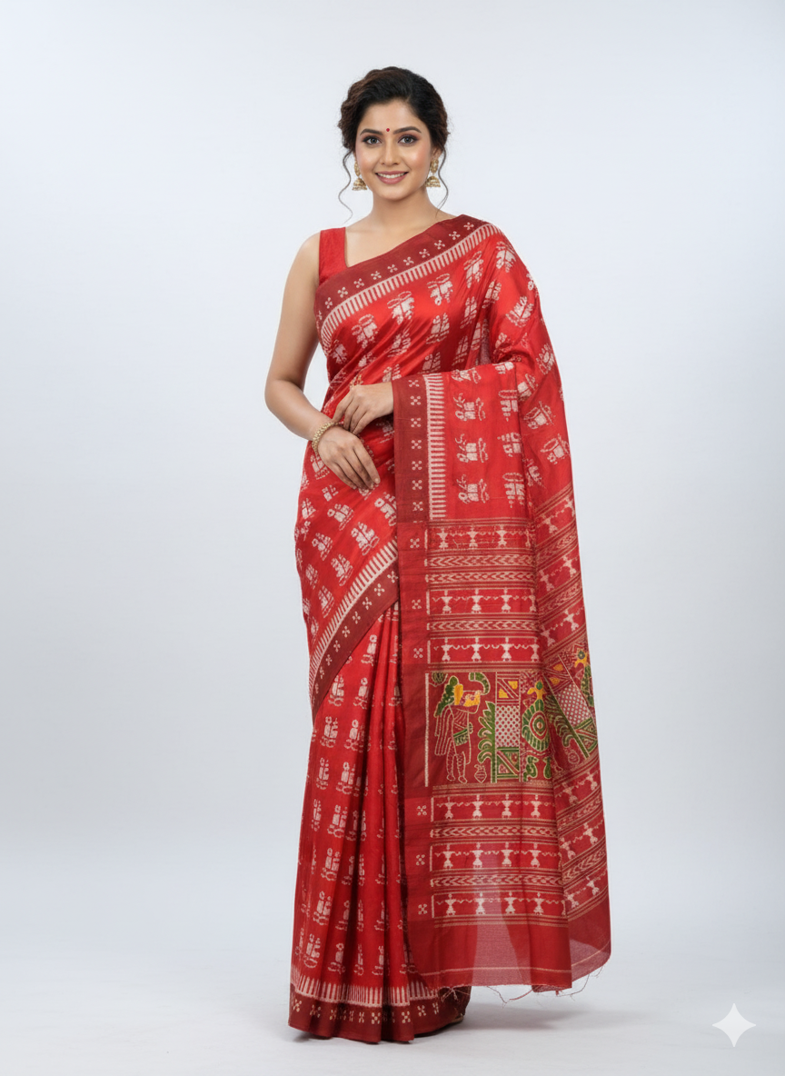 Red Boita Design Mulberry Silk Saree