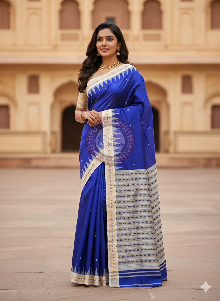Blue White Buti Kumbha Khandua Silk Saree