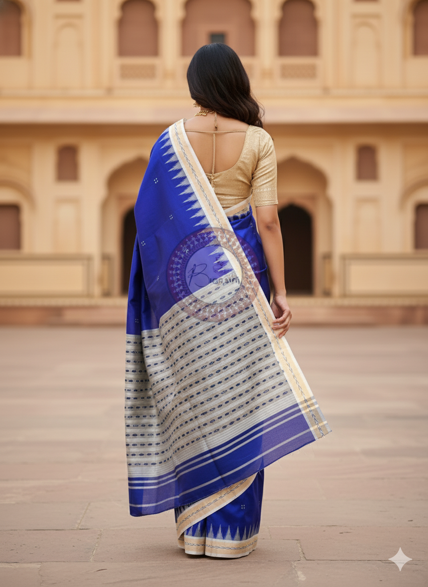 Blue White Buti Kumbha Khandua Silk Saree
