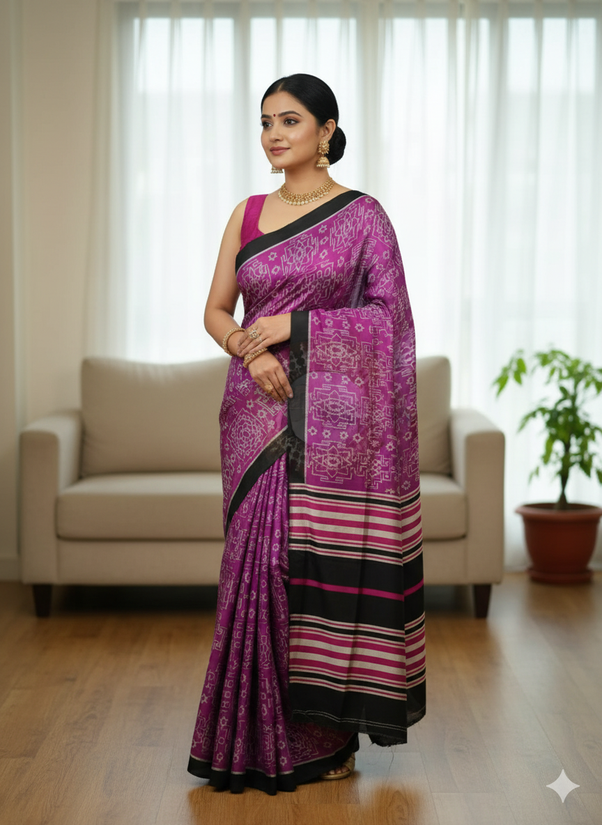 Purple Black Sri Yantra Mulberry Silk Saree