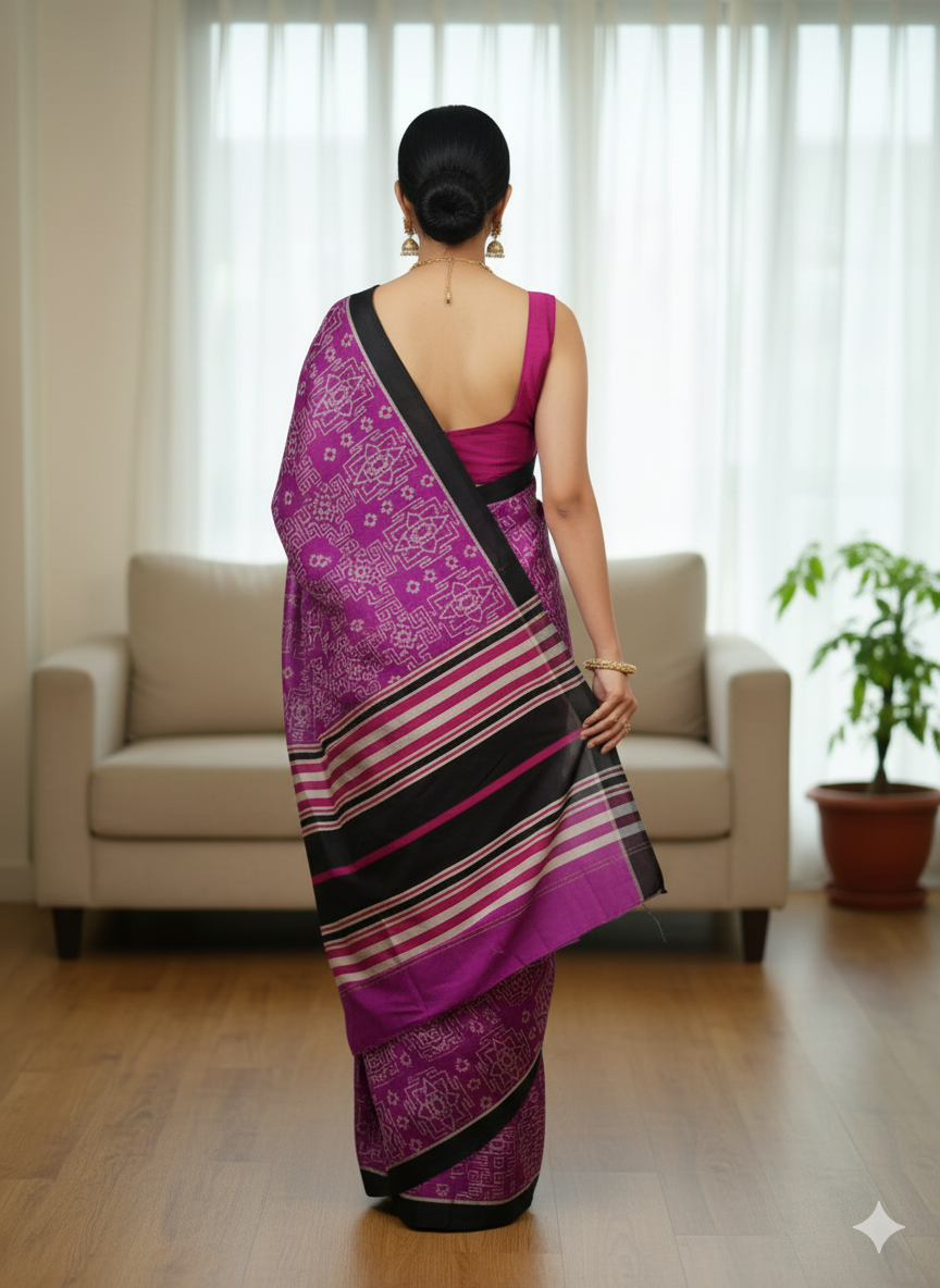 Purple Black Sri Yantra Mulberry Silk Saree
