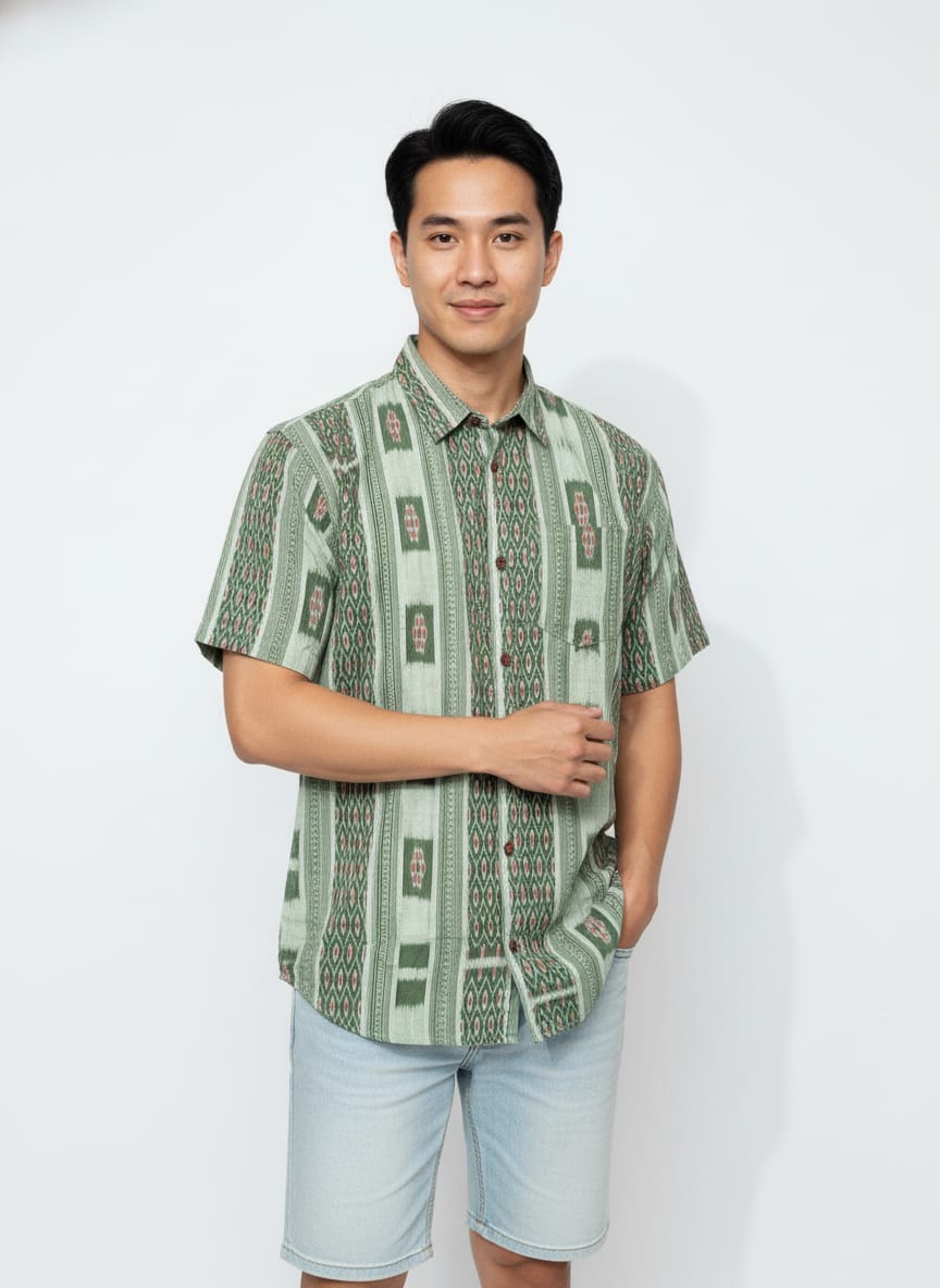 Olive Green Flower Design Ikat Odisha Handloom Half Shirt