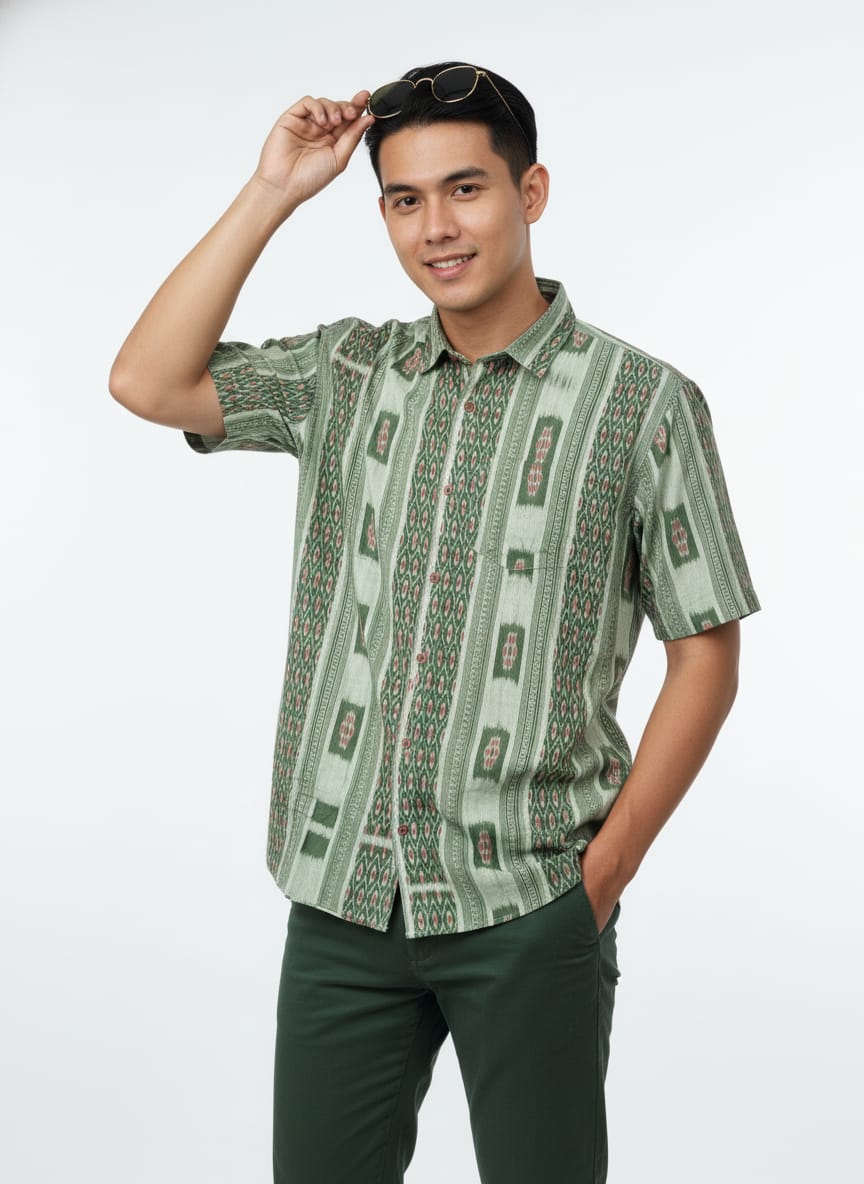 Olive Green Flower Design Ikat Odisha Handloom Half Shirt