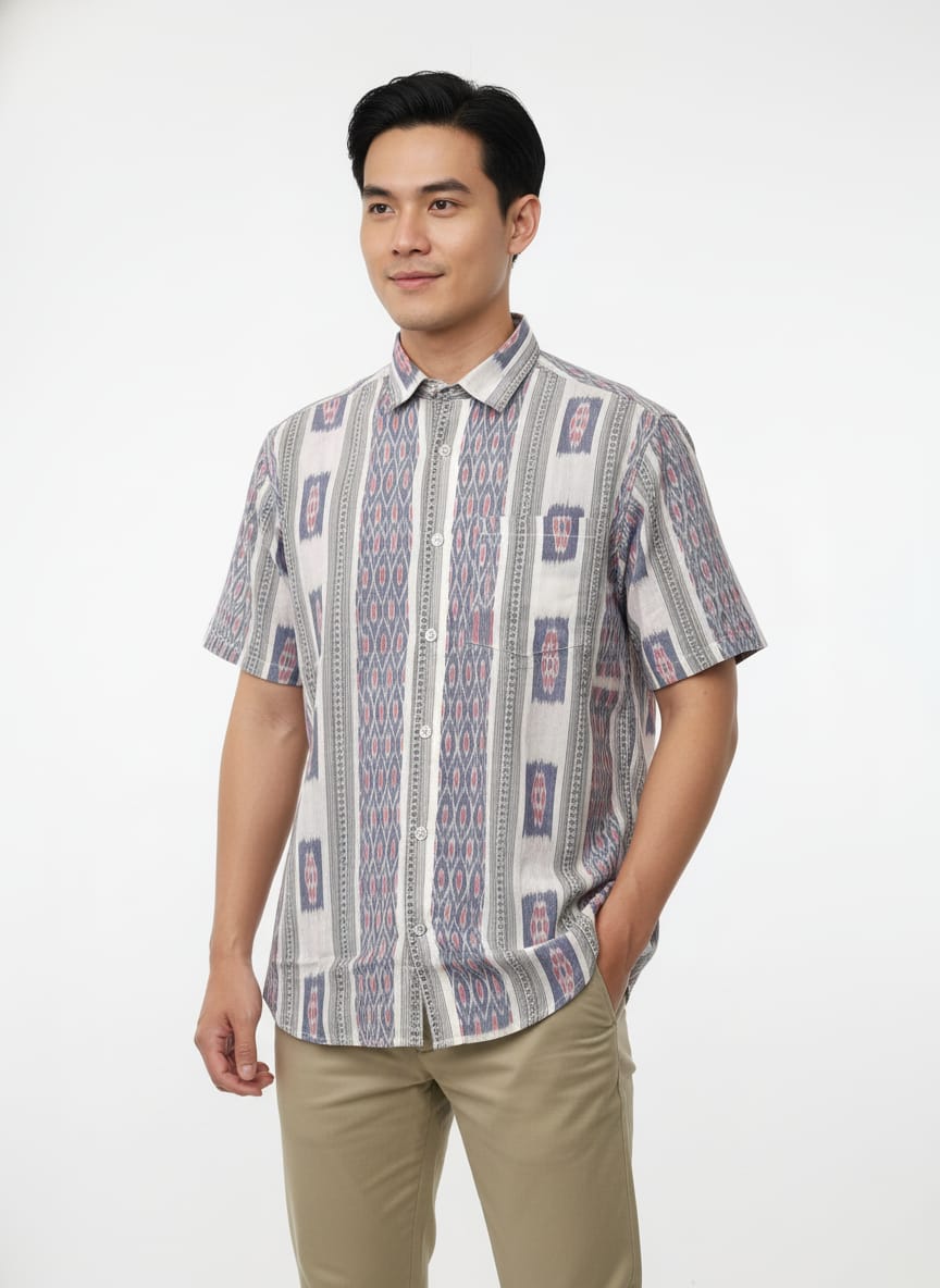 Light Blue White Flower Design Ikat Odisha Handloom Half Shirt