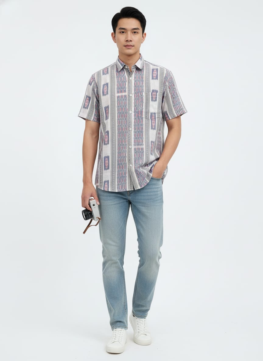 Light Blue White Flower Design Ikat Odisha Handloom Half Shirt