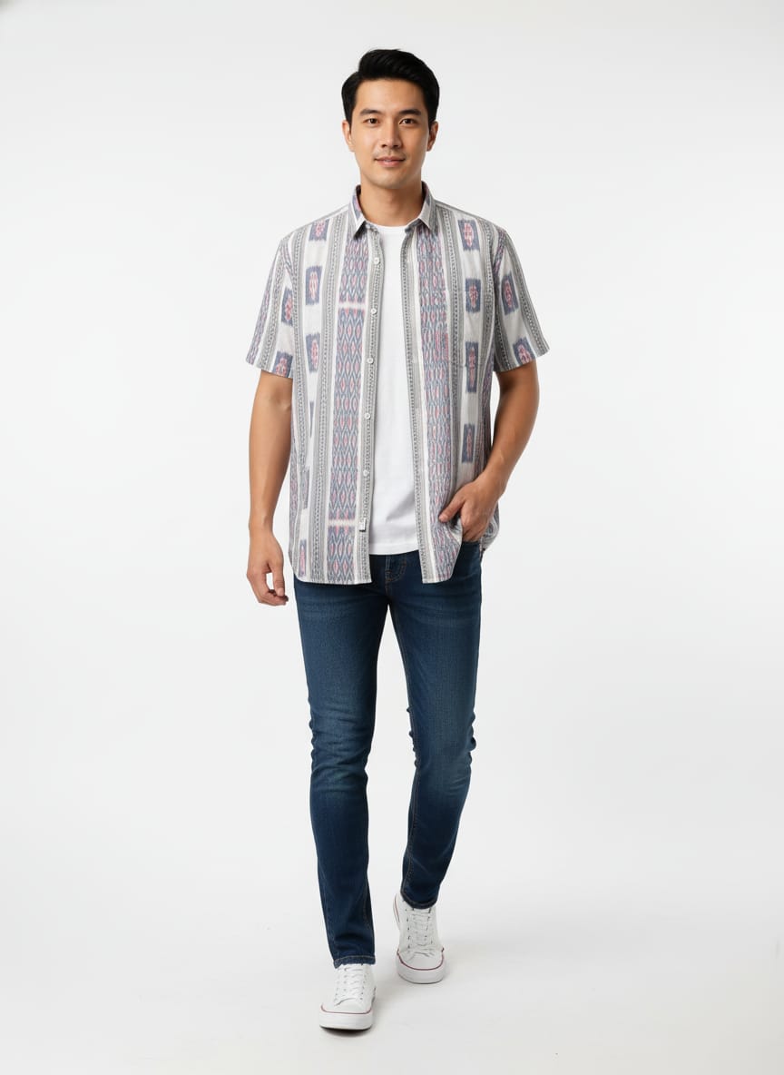 Light Blue White Flower Design Ikat Odisha Handloom Half Shirt