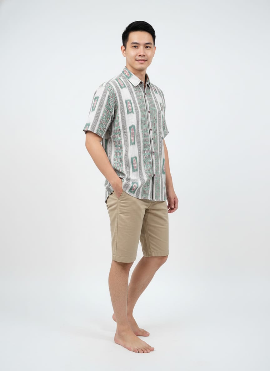 Light Green White Flower Design Ikat Odisha Handloom Half Shirt