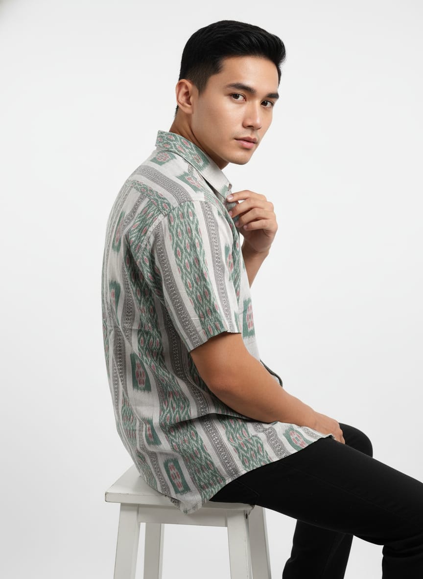 Light Green White Flower Design Ikat Odisha Handloom Half Shirt