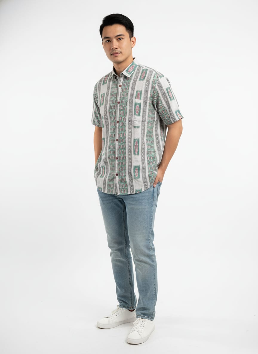 Light Green White Flower Design Ikat Odisha Handloom Half Shirt