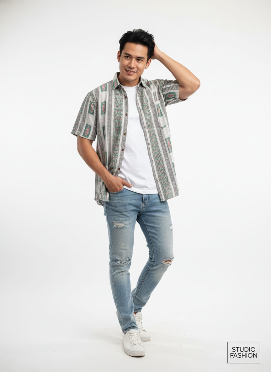 Light Green White Flower Design Ikat Odisha Handloom Half Shirt