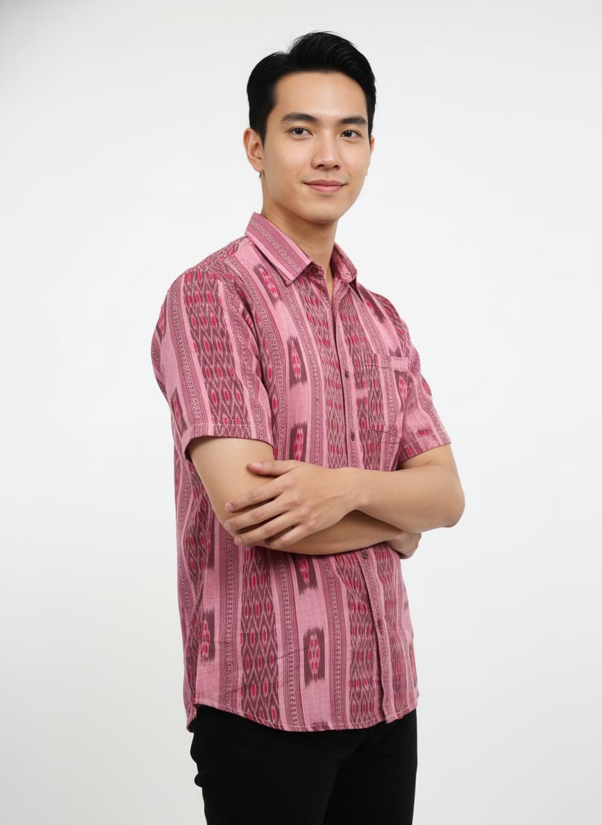 Peach  Flower Design Ikat Odisha Handloom Half Shirt