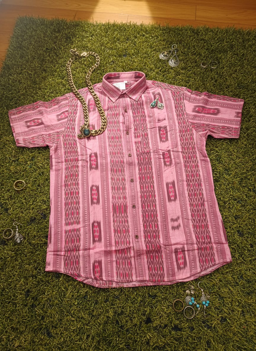 Peach  Flower Design Ikat Odisha Handloom Half Shirt