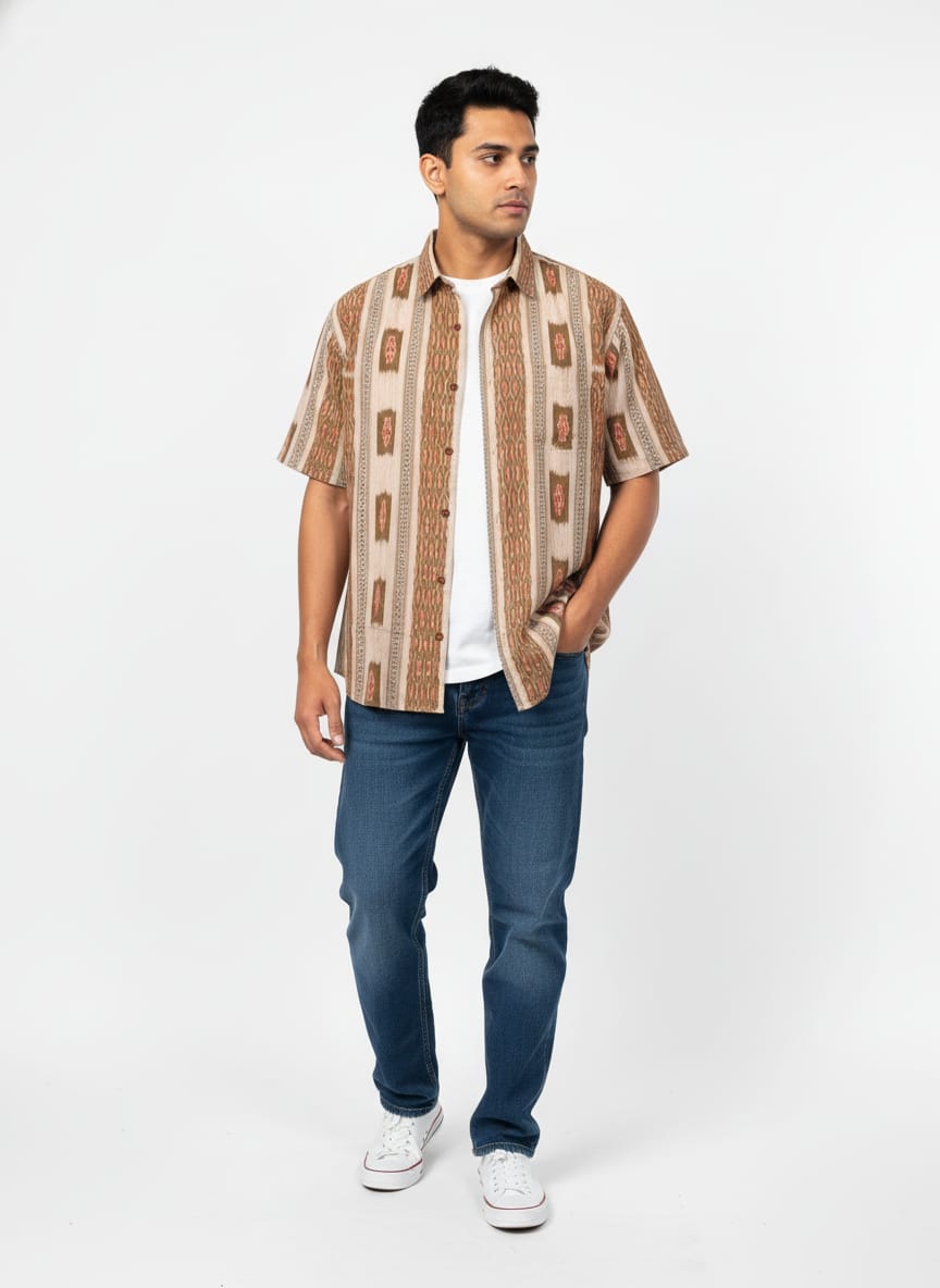 Brown Flower Design Ikat Odisha Handloom Half Shirt