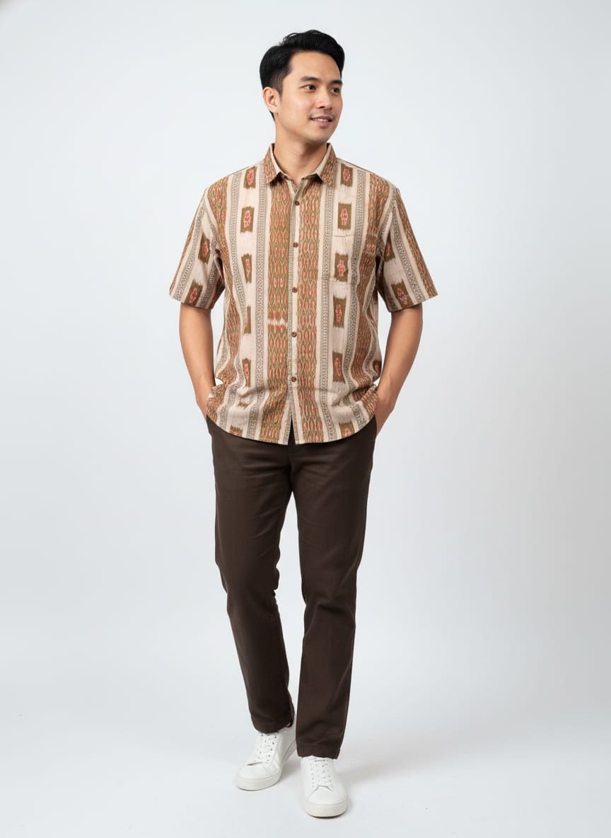 Brown Flower Design Ikat Odisha Handloom Half Shirt