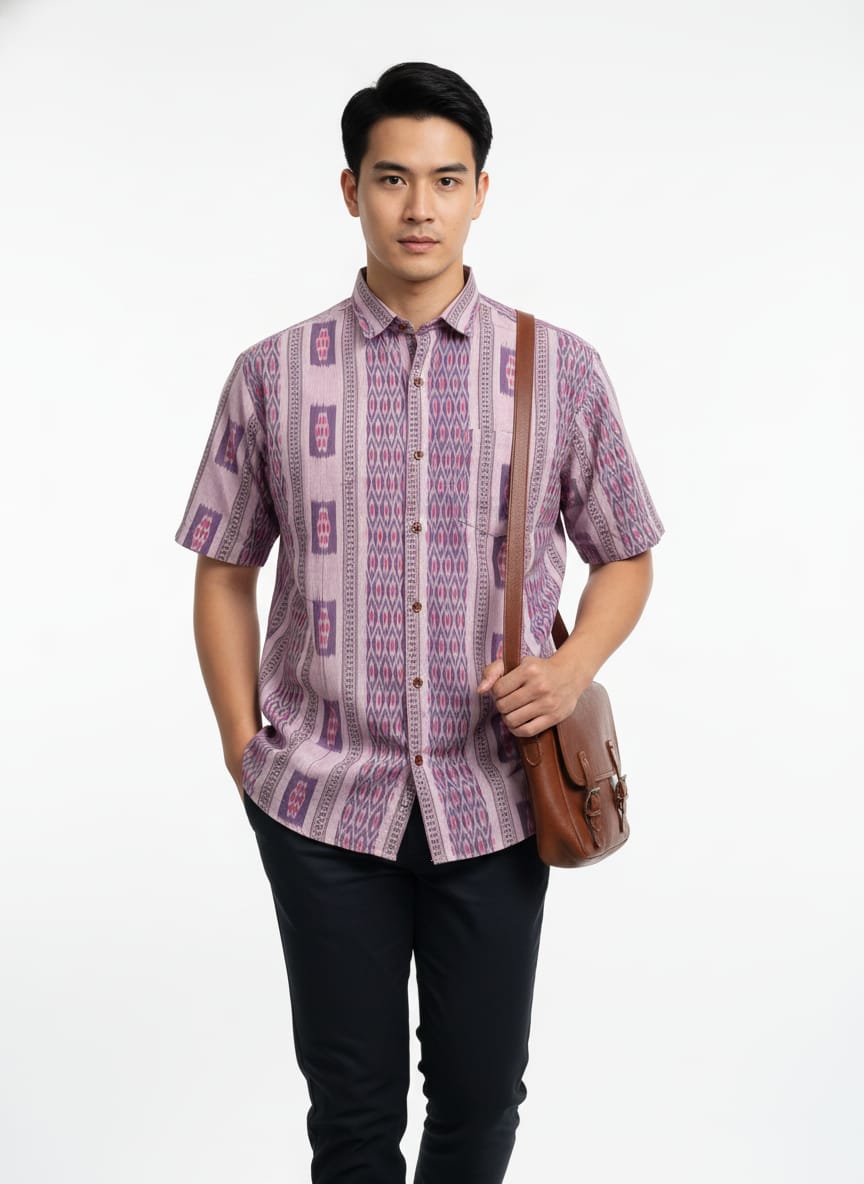 Purplish Flower Design Ikat Odisha Handloom Half Shirt