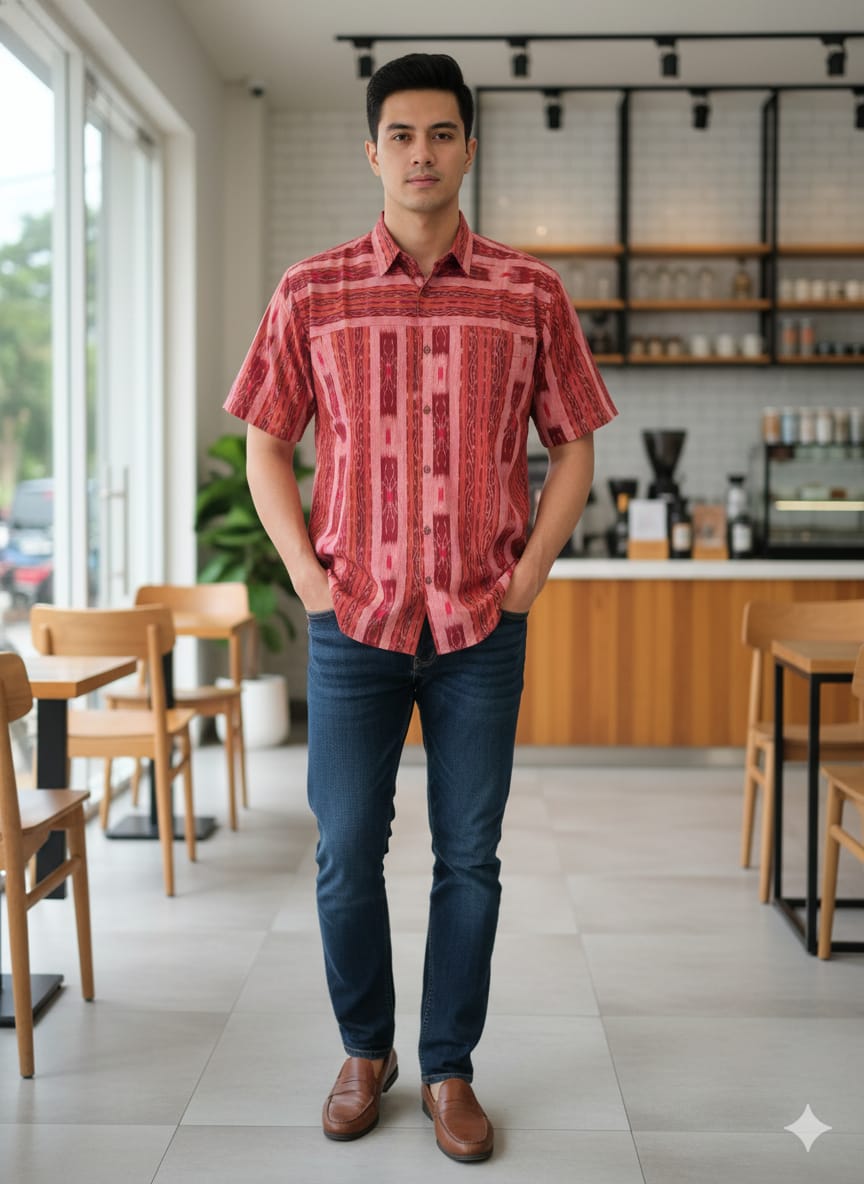 Peach Maroon Lata Disign Odisha Handloom Men's Half Shirt