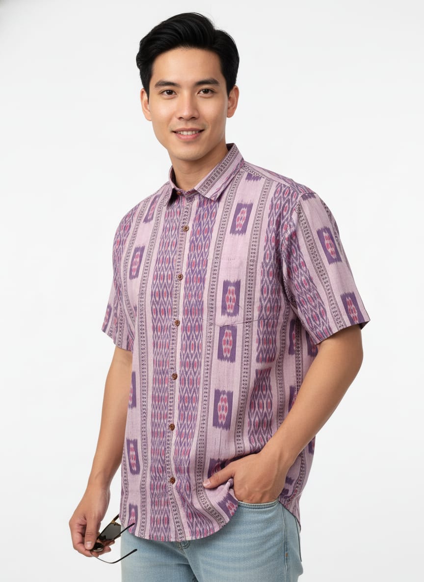 Purplish Flower Design Ikat Odisha Handloom Half Shirt