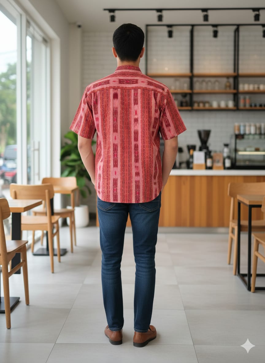 Peach Maroon Lata Disign Odisha Handloom Men's Half Shirt