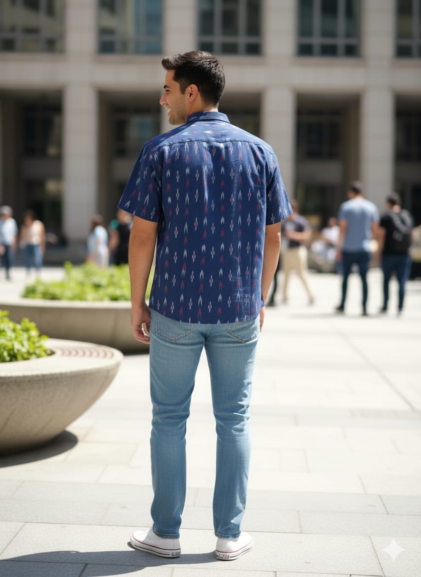 Blue White Ikat Odisha Handloom Men's Half Shirt