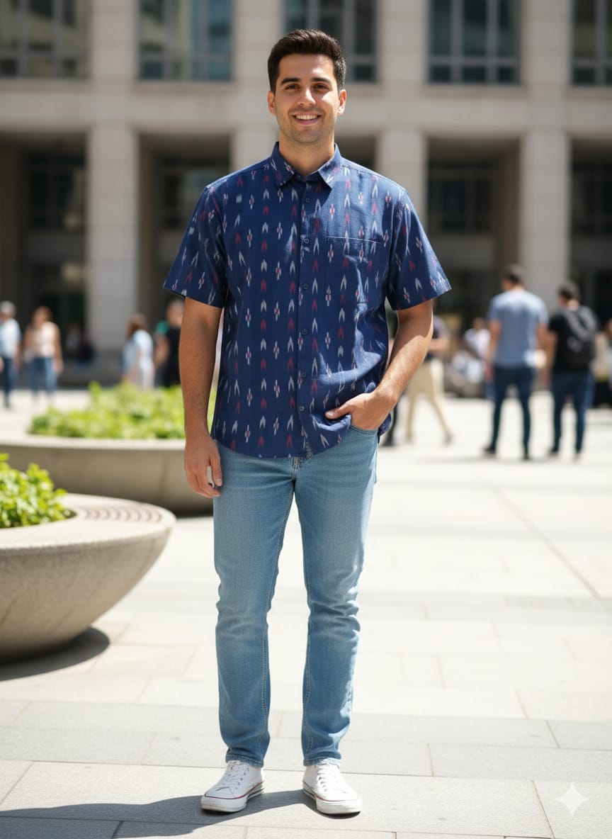 Blue White Ikat Odisha Handloom Men's Half Shirt