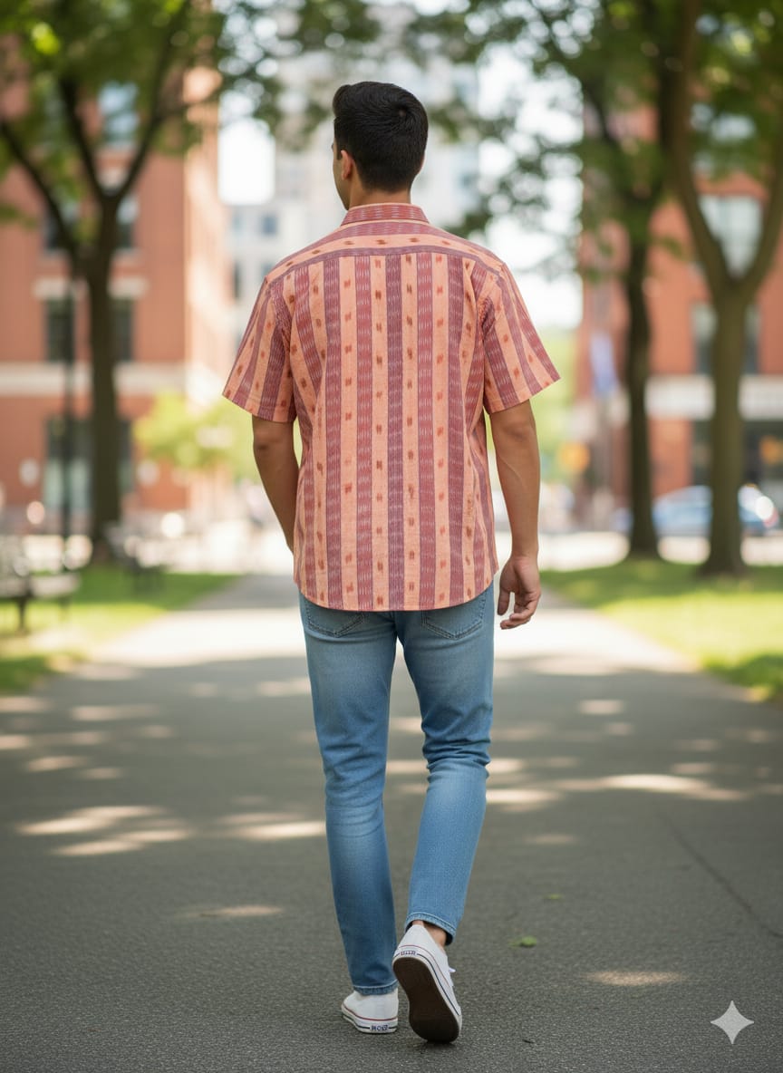 Peach Tipa Pasapali Odisha Handloom Men's Half Shirt