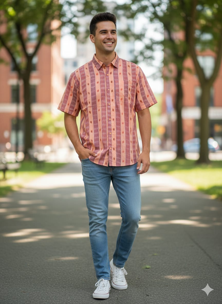 Peach Tipa Pasapali Odisha Handloom Men's Half Shirt