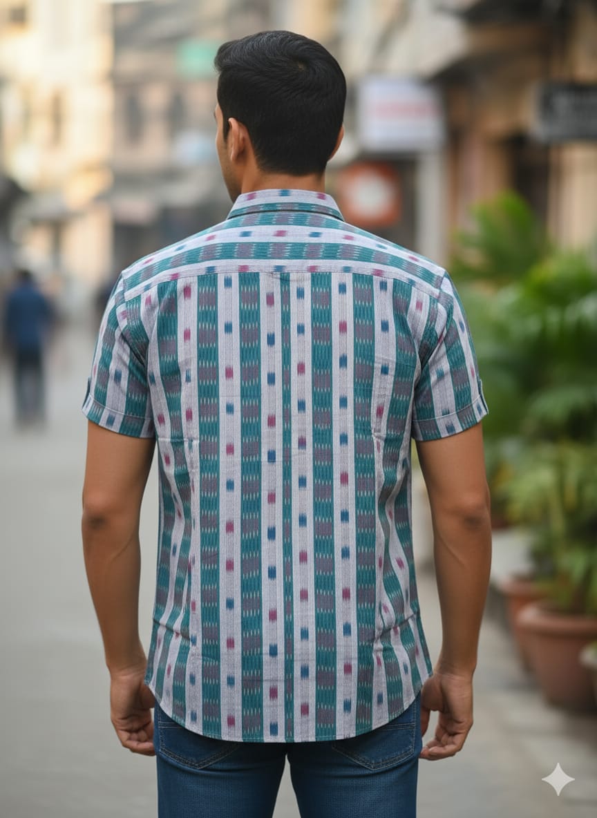 Grey Green Tipa Pasapali Odisha Handloom Men's Half Shirt