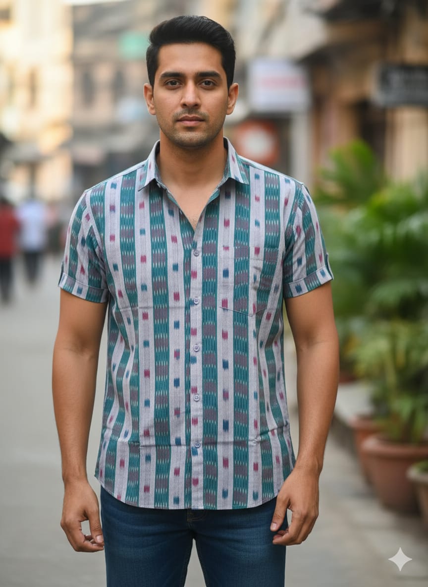 Grey Green Tipa Pasapali Odisha Handloom Men's Half Shirt