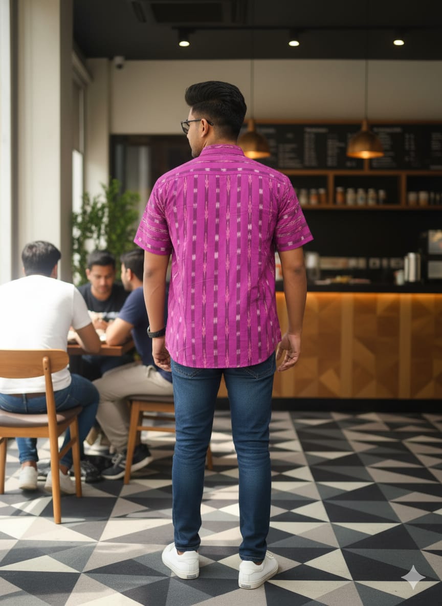 Purple White Tipa Pasapali Odisha Handloom Men's Half Shirt