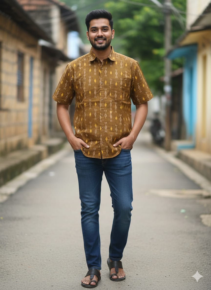 Mustard Yellow Ikat Disign Odisha Handloom Men's Half Shirt