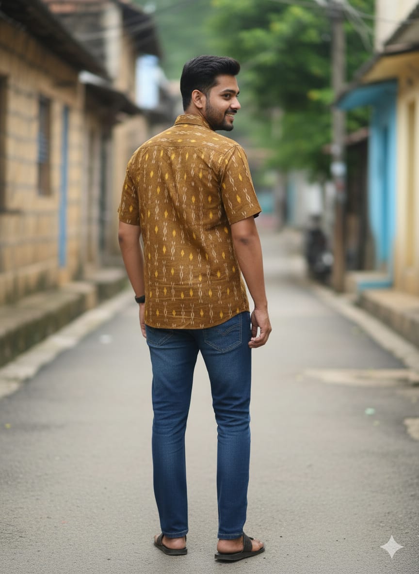 Mustard Yellow Ikat Disign Odisha Handloom Men's Half Shirt