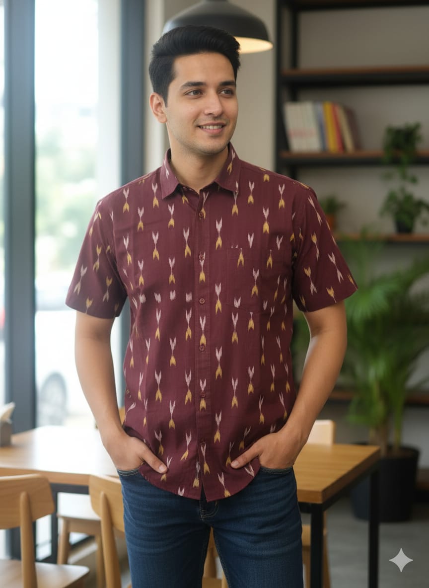 Maroon Ikat Disign Odisha Handloom Men's Half Shirt