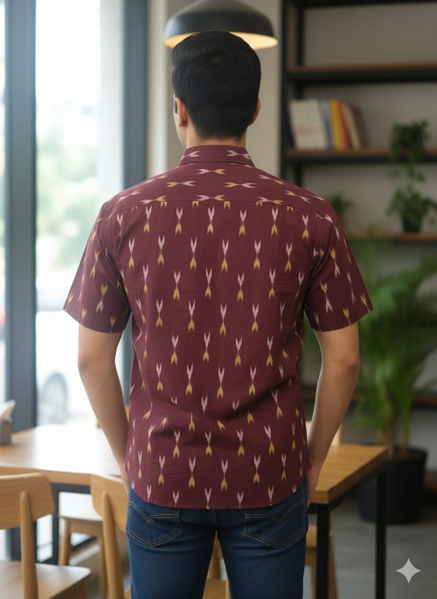 Maroon Ikat Disign Odisha Handloom Men's Half Shirt