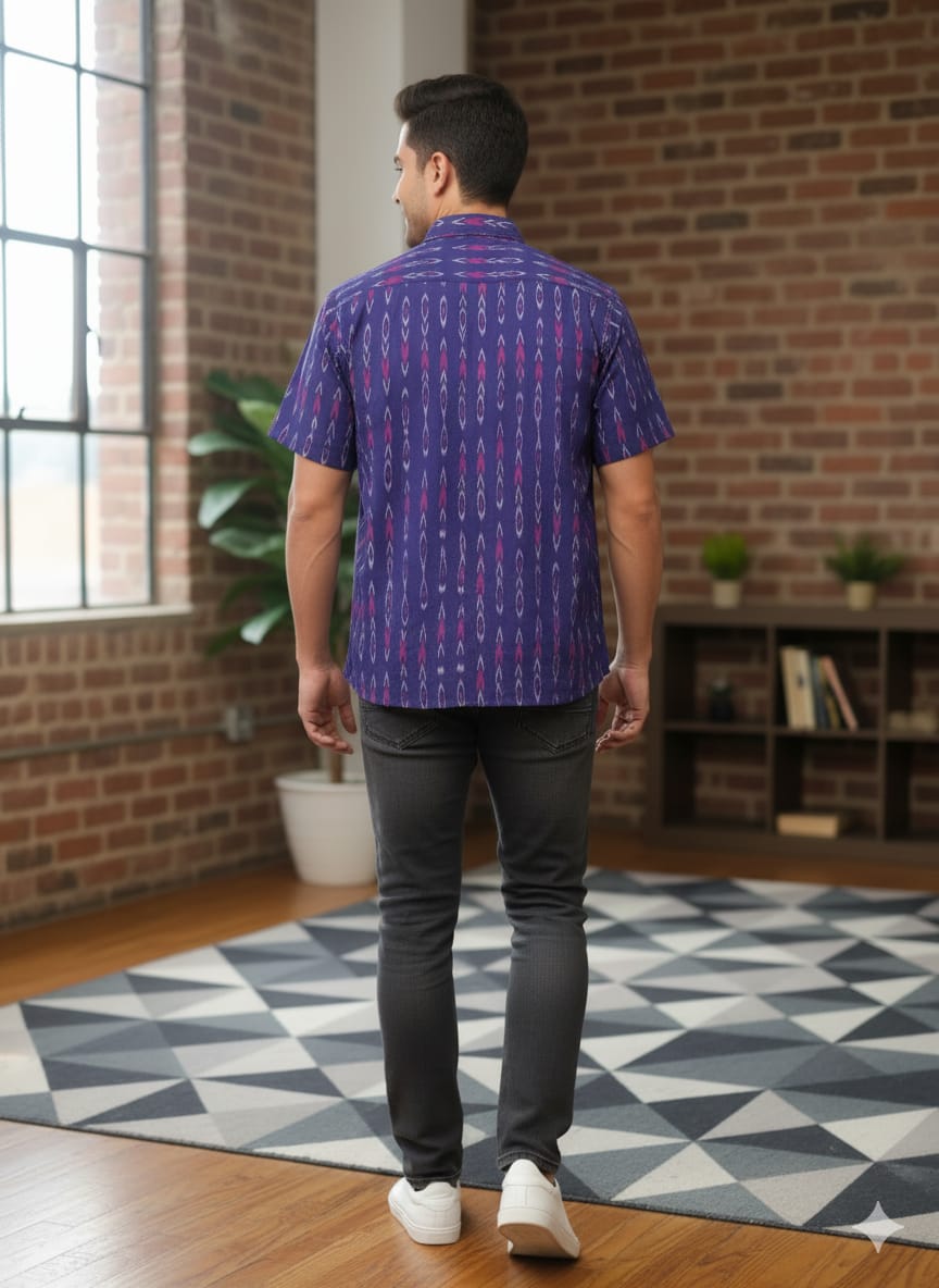 Blue Magenta Ikat Disign Odisha Handloom Men's Half Shirt